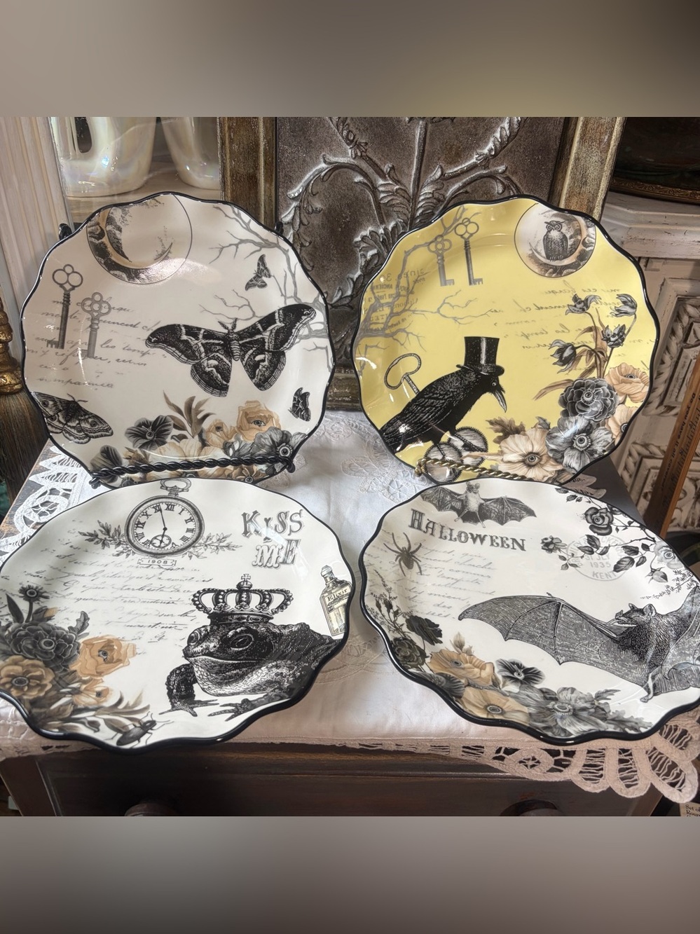 Potters studio ceramic Halloween lunch plate crow bat butterfly toad